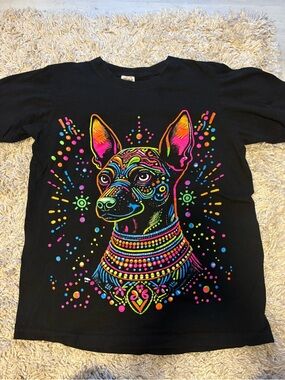 Greyscale back/Neon front Xolo(Mexican dog breed) Graphic T-shirt, size small
